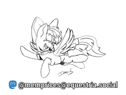 Size: 2880x2160 | Tagged: safe, artist:memprices, songbird serenade, pegasus, pony, g4, my little pony: the movie, bow, clothes, flying, hair bow, high res, looking at you, microphone, monochrome, one eye covered, open mouth, open smile, pencil drawing, shirt, simple background, singing, sketch, smiling, social media, solo, spread wings, traditional art, white background, wings