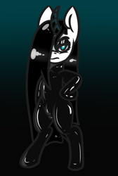 Size: 672x1000 | Tagged: safe, artist:lazerblues, oc, oc only, oc:culpa, pony, unicorn, bipedal, eyeshadow, female, frown, gradient background, hoof on hip, horn, latex, latex suit, looking at you, makeup, mare, solo, unicorn oc