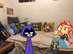 Size: 960x720 | Tagged: safe, artist:rizo2612studios, rainbow dash, sunset shimmer, human, equestria girls, g4, batman, bedroom, crossover, dc comics, eating, equestria girls in real life, food, irl, joker, looking at each other, looking at someone, photo, pillow, raven (dc comics), sandwich, sonic the hedgehog, sonic the hedgehog (series), teen titans go, the simpsons