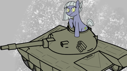 Size: 1634x919 | Tagged: source needed, safe, artist:sky-fi, limestone pie, g4, female, gray background, looking at you, mare, simple background, solo, t-72, tank (vehicle)