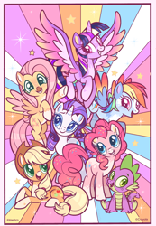 Size: 2184x3150 | Tagged: safe, artist:wanderingpegasus, applejack, fluttershy, pinkie pie, rainbow dash, rarity, spike, twilight sparkle, alicorn, dragon, earth pony, pegasus, pony, unicorn, g4, baby, baby dragon, coat markings, female, flying, high res, mane seven, mane six, mare, septet, socks (coat markings), stock vector, twilight sparkle (alicorn)