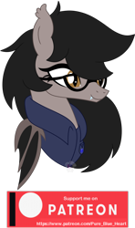 Size: 1395x2352 | Tagged: safe, artist:pure-blue-heart, oc, oc only, bat pony, pony, bat ponified, bat pony oc, brown mane, clothes, fangs, female, female oc, glasses, golden eyes, mare, patreon, patreon reward, race swap, simple background, slit pupils, solo, transparent background