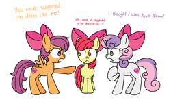 Size: 1500x893 | Tagged: source needed, safe, artist:felicitea, apple bloom, scootaloo, sweetie belle, earth pony, pegasus, pony, unicorn, g4, apple bloom's bow, bow, cosplay, cutie mark crusaders, female, filly, foal, hair bow, simple background, trio, white background