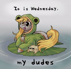 Size: 2300x2241 | Tagged: safe, artist:krista-21, derpy hooves, frog, pegasus, pony, animal costume, clothes, costume, cute, derpabetes, eye clipping through hair, eyebrows, eyebrows visible through hair, female, frog costume, high res, hoodie, it is wednesday my dudes, lilypad, lying down, mare, open mouth, open smile, prone, signature, smiling, solo, sunglasses, text, water, wednesday