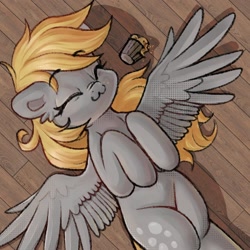 Size: 1200x1200 | Tagged: safe, artist:krista-21, derpy hooves, pegasus, pony, g4, :3, cute, derpabetes, eyebrows, eyebrows visible through hair, eyes closed, female, food, hooves to the chest, legs together, lying down, mare, muffin, nose wrinkle, on back, signature, sleeping, smiling, solo, spread wings, wings