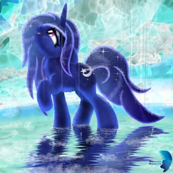 Size: 2000x2000 | Tagged: safe, artist:phoenixpaintfg, princess luna, pony, unicorn, g4, female, high res, horn, looking up, mare, open mouth, open smile, rain, raised hoof, smiling, solo, sparkles, water, wet, wet mane