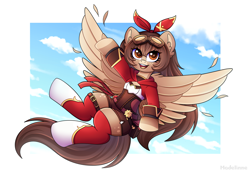 Size: 5141x3539 | Tagged: safe, artist:madelinne, pegasus, pony, amber (genshin impact), bow, clothes, cloud, colored wings, fanart, feather, female, flying, genshin impact, glasses, goggles, goggles on head, happy, long hair, looking at you, mare, open mouth, open smile, outfit, ponified, sky, smiling, socks, solo, spread wings, thigh highs, two toned wings, waving, wings