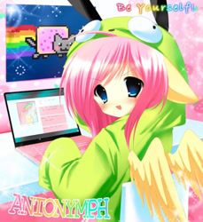 Size: 873x955 | Tagged: safe, artist:bonnybel_, fluttershy, human, anthro, antonymph, cutiemarks (and the things that bind us), g4, anime style, clothes, computer, cute, eared humanization, fluttgirshy, gir, hoodie, humanized, invader zim, laptop computer, looking at you, looking back, looking back at you, nyan cat, open mouth, open smile, shyabetes, smiling, solo, spread wings, vylet pony, winged humanization, wings