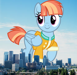 Size: 996x981 | Tagged: safe, artist:starryshineviolet, edit, editor:jaredking779, windy whistles, pegasus, pony, g4, attack on pony, california, clothes, female, folded wings, giant pony, giantess, highrise ponies, irl, jacket, los angeles, macro, mare, photo, ponies in real life, shirt, smiling, solo, story included, wings