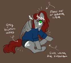 Size: 2150x1906 | Tagged: safe, artist:opalacorn, oc, oc only, oc:void, pegasus, pony, arrow, beanbrows, brown background, clothes, eyebrows, female, laurel wreath, mare, mole, no pupils, nose piercing, nose ring, piercing, simple background, sitting, solo, sweater, text
