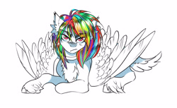Size: 3747x2291 | Tagged: safe, artist:opalacorn, oc, oc only, pegasus, pony, angry, commission, frown, furrowed brow, high res, looking at you, lying down, multicolored hair, partially open wings, prone, rainbow hair, scowl, simple background, solo, white background, wings