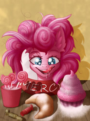 Size: 800x1080 | Tagged: safe, artist:wailks, pinkie pie, earth pony, pony, fallout equestria, g4, bread, candy, cover art, croissant, cupcake, drool, ear fluff, eyebrows, fanfic art, female, food, licking, licking lips, lollipop, mare, messy mane, ministry mares, ministry of morale, raised eyebrow, raised eyebrows, salivating, smiling, solo, tongue out