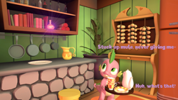 Size: 3840x2160 | Tagged: safe, artist:olkategrin, spike, dragon, comic:no moaning in the library, g4, 3d, book, bookshelf, chair, comic, cup, dialogue, english, garlic, glowing, golden oaks library, high res, kitchen, looking at something, looking sideways, male, plant, plate, potion, room, solo, source filmmaker, standing, teacup, teapot, text