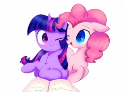 Size: 4729x3547 | Tagged: safe, artist:fuzzycyclone, pinkie pie, twilight sparkle, earth pony, pony, unicorn, g4, blue eyes, book, cute, female, floppy ears, lesbian, one ear down, one eye closed, open mouth, open smile, pink hair, purple eyes, purple skin, ship:twinkie, shipping, simple background, smiling, tail, unicorn twilight, white background