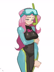 Size: 5004x6657 | Tagged: safe, artist:hyung7754, fluttershy, human, equestria girls, g4, absurd resolution, arm under breasts, breasts, busty fluttershy, clothes, dive mask, female, fluttershy's wetsuit, goggles, looking down, simple background, snorkel, solo, stupid sexy fluttershy, swimsuit, wetsuit, white background