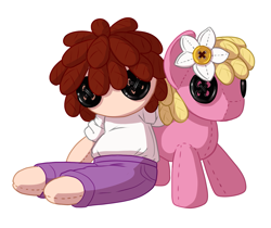 Size: 1395x1173 | Tagged: safe, artist:pusspuss, lily, lily valley, oc, earth pony, human, pony, g4, button, flower, flower in hair, plushie, simple background, white background