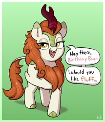 Size: 1366x1590 | Tagged: safe, artist:heretichesh, autumn blaze, kirin, pony, g4, bedroom eyes, cloven hooves, dialogue, female, gradient background, looking at you, open mouth, open smile, smiling, smiling at you, solo, speech bubble, talking to viewer