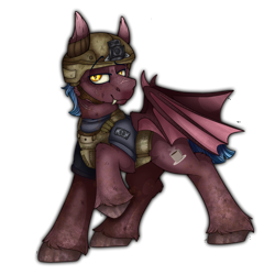 Size: 2300x2300 | Tagged: safe, artist:molars, oc, oc:toffee drop, bat pony, pony, fallout equestria, bat ears, bat eyes, bat wings, blue mane, blue tail, clothes, dirty hooves, eyebrows, fangs, flag of equestria, helmet, high res, looking at you, military uniform, mud, muddy, raised eyebrow, scar, shirt, simple background, smug, solo, tactical, tail, transparent background, uniform, unshorn fetlocks, vest, wings