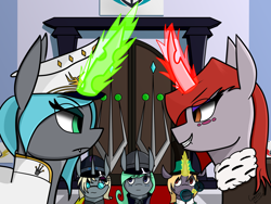 Size: 4160x3120 | Tagged: safe, artist:hno3, queen chrysalis, oc, oc:queen argynnis, oc:queen aurantia, oc:queen helvia, oc:queen yaria, changeling, changeling queen, equestria at war mod, equestria rises still (equestria at war submod), g4, changeling queen oc, clothes, female, fur coat, glasses, hat, magic, top hat, uniform, uniform hat