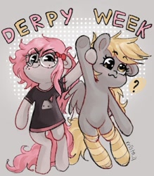 Size: 1252x1428 | Tagged: safe, artist:krista-21, derpy hooves, oc, oc:krista pebble, earth pony, pegasus, pony, g4, :3, bipedal, clothes, cute, derpabetes, duo, female, glasses, holding hooves, mare, question mark, raised hoof, round glasses, shirt, socks, striped socks, t-shirt, text