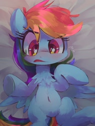 Size: 1727x2287 | Tagged: safe, alternate version, artist:lexiedraw, rainbow dash, pegasus, pony, g4, belly, belly button, chest fluff, eyebrows, female, lying down, mare, on back, solo, spread wings, wings