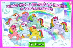 Size: 1958x1299 | Tagged: safe, gameloft, idw, confetti (g1), moonstone, parasol (g1), skydancer, sunlight (g1), tickle (g1), windy (g1), earth pony, pegasus, pony, unicorn, g1, g4, my little pony: magic princess, official, adorabledancer, adoralight, advertisement, bow, collection, confettibetes, cute, english, female, g1 adorastone, g1 paracute, g1 windybetes, group, horn, idw showified, mare, mobile game, spread wings, tail, tail bow, text, ticklebetes, wings