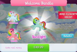 Size: 1262x861 | Tagged: safe, gameloft, idw, moonstone, parasol (g1), sunlight (g1), earth pony, pony, unicorn, g1, g4, my little pony: magic princess, official, bow, bundle, collection, costs real money, english, female, group, horn, idw showified, mare, mobile game, numbers, tail, tail bow, text, welcome bundle