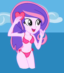Size: 794x906 | Tagged: safe, artist:robertsonskywa1, oc, oc only, oc:pop heart, human, equestria girls, g4, belly button, bikini, breasts, cleavage, clothes, female, hairclip, heart, legs in the water, legs together, open mouth, open smile, outdoors, partially submerged, photo, pink bikini, requested art, sexy, side-tie bikini, smiling, solo, string bikini, swimming, swimsuit