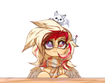 Size: 4096x3254 | Tagged: safe, artist:jfrxd, oc, oc only, oc:kyra, fox, pegasus, pony, :3, :<, clothes, cute, female, heterochromia, high res, looking up, mare, ocbetes, on head, pegasus oc, pet, scarf, simple background, sitting, smiling, solo, striped scarf, white background, wings