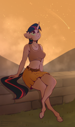 Size: 2350x3934 | Tagged: safe, artist:yarugreat, twilight sparkle, unicorn, anthro, unguligrade anthro, g4, belly button, belt, blushing, clothes, high res, midriff, shirt, shooting star, sitting, solo, stone wall, sunset