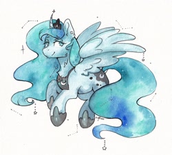 Size: 2432x2199 | Tagged: safe, artist:lightisanasshole, princess luna, alicorn, pony, g4, boots, constellation, crown, ear piercing, earring, ethereal mane, high res, jewelry, moon, piercing, regalia, shoes, solo, starry mane, stars, traditional art, watercolor painting