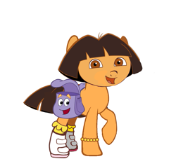 Size: 739x700 | Tagged: safe, artist:samueldavillo, earth pony, pony, g4, abomination, animate object, backpack, backpack (dora the explorer), bracelet, clothes, cursed image, dora márquez, dora the explorer, duo, duo female, female, filly, foal, jewelry, looking at you, open mouth, open smile, ponified, raised hoof, rule 85, shitposting, shoes, simple background, smiling, smiling at you, socks, wat, white background, why, wtf