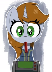 Size: 1528x2105 | Tagged: safe, artist:pizzahutjapan, oc, oc:littlepip, pony, unicorn, fallout equestria, female, mare, mouth hold, pipbuck, screwdriver, solo