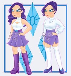 Size: 2800x3000 | Tagged: safe, artist:ponyrasmeii, rarity, human, unicorn, equestria girls, g4, asian, boots, clothes, cutie mark background, cutie mark on clothes, female, hair bun, high res, humanized, jewelry, miniskirt, necklace, pearl necklace, shoes, skirt, socks, solo, thigh highs, thigh socks