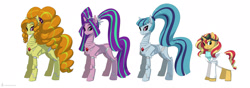Size: 2264x800 | Tagged: safe, artist:carnifex, adagio dazzle, aria blaze, sonata dusk, sunset shimmer, pony, robot, robot pony, unicorn, g4, alternate universe, clothes, concave belly, fanfic art, goggles, goggles on head, height difference, line-up, long mane, roboticization, simple background, smiling, the dazzlings, turtleneck, white background