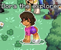 Size: 570x462 | Tagged: safe, earth pony, pony, pony town, backpack, backpack (dora the explorer), bracelet, clothes, dora márquez, dora the explorer, flower, game, grass, hand, jewelry, name, offscreen character, outdoors, pixel art, pixelated, ponified, red sclera, shirt, shoes, shorts, smiling, socks, solo focus, text, tree