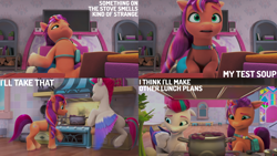 Size: 2000x1125 | Tagged: safe, edit, edited screencap, editor:quoterific, screencap, sunny starscout, zipp storm, earth pony, pegasus, pony, a little horse, g5, my little pony: make your mark, my little pony: make your mark chapter 4, spoiler:g5, spoiler:my little pony: make your mark, spoiler:my little pony: make your mark chapter 4, spoiler:mymc04e06, bag, burnt, coat markings, comic, crystal brighthouse, dialogue, duo, female, fluttershy's cutie mark, folded wings, kitchen, mane stripe sunny, mare, pins, rainbow dash's cutie mark, saddle bag, satchel, screencap comic, shelves, smoke, socks (coat markings), speaker, spread wings, television, twilight sparkle's cutie mark, unshorn fetlocks, wings