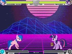 Size: 994x746 | Tagged: safe, color edit, edit, editor:tom artista, firefly, rainbow dash, twilight sparkle, pegasus, pony, unicorn, fighting is magic, g1, g4, color, colored, duo, fan game, female, mare, mountain, new, palette swap, recolor, song, stage, sun, unicorn twilight, vaporwave