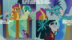 Size: 2000x1125 | Tagged: safe, edit, edited screencap, editor:quoterific, screencap, chancellor neighsay, ocellus, princess ember, sandbar, smolder, twilight sparkle, yona, alicorn, changedling, changeling, dragon, earth pony, pony, unicorn, g4, school daze, portal, school of friendship, twilight sparkle (alicorn)