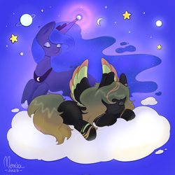 Size: 2048x2048 | Tagged: safe, artist:merisa, princess luna, oc, oc:greenviper, alicorn, pegasus, pony, g4, cloud, duo, high res, on a cloud, sleeping