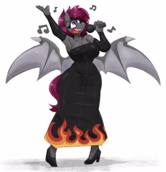 Size: 2700x2796 | Tagged: safe, artist:flutterthrash, oc, oc only, oc:vesper moon, bat pony, anthro, clothes, dress, female, high res, microphone, music notes, simple background, solo, white background