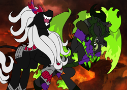 Size: 1414x1000 | Tagged: safe, artist:zetikoopa, oc, oc:dark havok, oc:phantom infinite, dragon, hybrid, kirin, longma, antagonist, kirin oc, male, maniacal laugh, oc villain, stallion