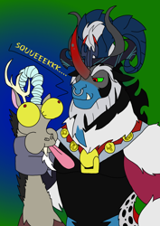 Size: 1000x1414 | Tagged: safe, artist:zetikoopa, discord, grogar, king sombra, lord tirek, storm king, oc, oc:alastor, centaur, draconequus, taur, g4, my little pony: the movie, a worse ending for discord, abuse, bell, discordabuse, eye bulging, funny, fusion, fusion:grogar, fusion:king sombra, fusion:lord tirek, fusion:storm king, male, revenge, squee