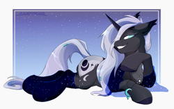 Size: 2448x1536 | Tagged: safe, artist:_candypone_, oc, oc only, oc:penumbra shard, pony, unicorn, fanfic:iron hearts, amulet, blue background, blue eyes, body markings, chaos star, clothes, colored hooves, colored horn, ear tufts, ears back, female, gradient background, grin, hair over one eye, horn, jewelry, lidded eyes, lying down, necklace, passepartout, prone, silk, smiling, socks, solo, sorceress, unicorn oc