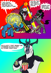 Size: 1000x1414 | Tagged: safe, artist:zetikoopa, discord, grogar, king sombra, lord tirek, storm king, centaur, draconequus, goat, pony, storm creature, umbrum, unicorn, yeti, taur, g4, my little pony: the movie, abuse, angry, beaten up, bell, black eye, butt, cloven hooves, comic, discordabuse, engrish, food, grogar's bell, karma, magic, male, plot, popcorn, revenge, stallion