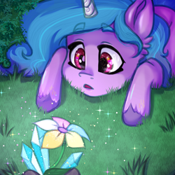 Size: 2000x2000 | Tagged: safe, artist:oniiponii, izzy moonbow, pony, unicorn, g5, amazed, colored hooves, cute, daaaaaaaaaaaw, female, filly, filly izzy moonbow, flower, grass, high res, izzybetes, looking at something, lying down, open mouth, outdoors, prone, solo, sparkles, three quarter view, unshorn fetlocks, younger