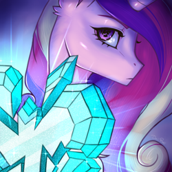 Size: 2000x2000 | Tagged: safe, artist:oniiponii, princess cadance, alicorn, pony, g4, aside glance, broken, bust, crystal heart, description is relevant, female, high res, looking at you, mare, shattered, solo, sparkles