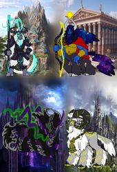 Size: 3000x4414 | Tagged: safe, artist:zetikoopa, oc, oc:abyss arturus, oc:chiron, oc:odin, oc:wu kong, centaur, goat, pony, sheep, storm creature, umbrum, unicorn, yeti, taur, armor, bell, bow (weapon), castle, chinese, chinese culture, chinese mythology, chiron, ethereal beard, ethereal hair, ethereal tail, greek mythology, greek temple, immortal, king, kingdom, legend, male, monkey king, mountain, mythical, norse mythology, odin, ram, ruler, rulers of past, runes, scenery, scenery porn, staff, stallion, tail, temple, wu kong, wukong