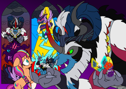 Size: 1414x1000 | Tagged: safe, artist:zetikoopa, grogar, king sombra, lord tirek, storm king, sunny starscout, twilight sparkle, oc, oc:alastor, alicorn, earth pony, pony, g4, g5, my little pony: the movie, crystal, destroyed, disbelief, earth pony crystal, female, fusion, fusion:grogar, fusion:king sombra, fusion:lord tirek, fusion:storm king, male, mane stripe sunny, mare, pegasus crystal, scared, stained glass, twilight sparkle (alicorn), unicorn crystal, unity crystals