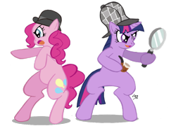 Size: 1024x738 | Tagged: safe, artist:falleninthedark, pinkie pie, twilight sparkle, earth pony, pony, unicorn, g4, mmmystery on the friendship express, bipedal, bowler hat, deerstalker, detective, duo, duo female, female, hat, magnifying glass, mare, pipe, sherlock holmes, sherlock sparkle, simple background, transparent background, unicorn twilight, watson